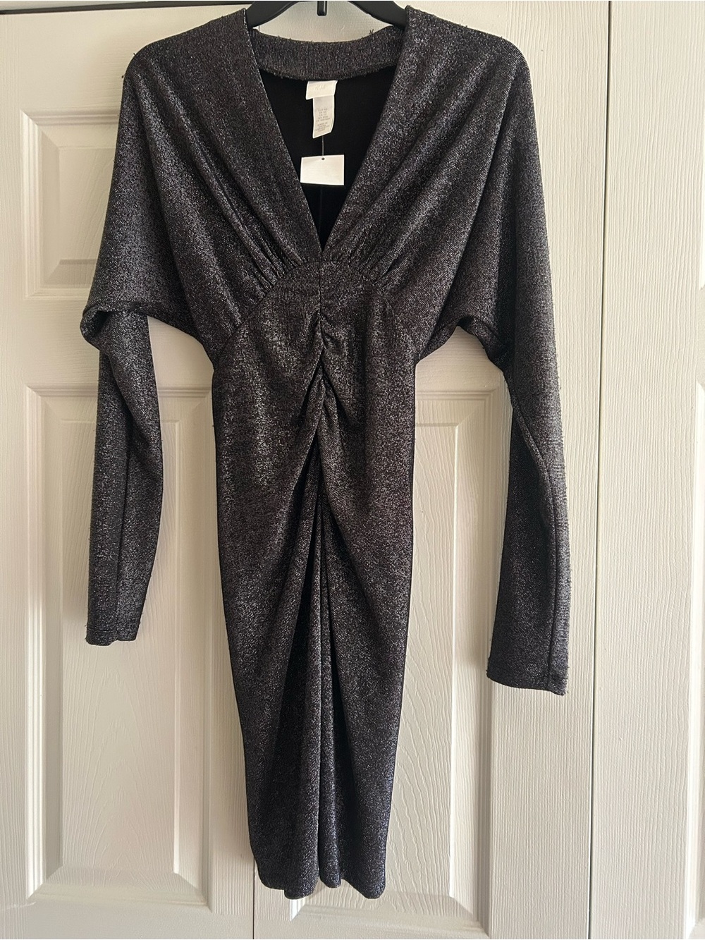 H&M Metallic Black Silver Ruched V-Neck Long Sleeve Dress